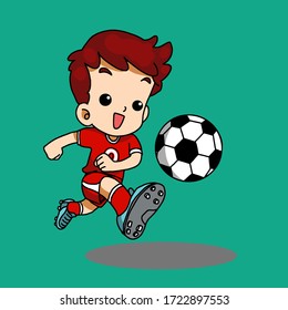 Boy playing soccer ball cartoon on green background.Vector illustration