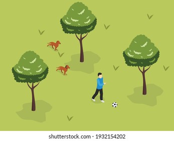 Boy playing soccer ball with his dog at the park. Isometric vector concept