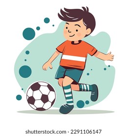 A boy playing soccer by kicking the ball