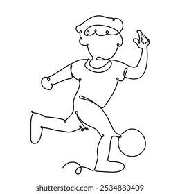 Boy Playing Soccer Football Continuous One Line. Sport Football in Line Art. Isolated white Background