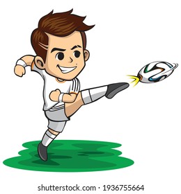 Boy Playing A Soccer Game. Kid Attacking Swinging Leg To Kickball To Hit. Child In Football Uniform Having Fun And Smiling. Flat Vector Character Illustration