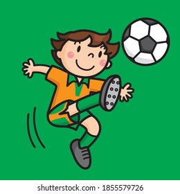Boy playing soccer game, Soccer player, child in football uniform having fun and smiling vector illustration 