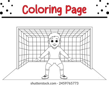 boy playing soccer as goalkeeper coloring book page for kids.