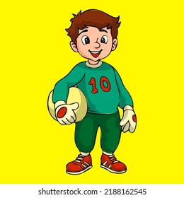 Boy playing soccer as goalkeeper, cool cartoon isolated on yellow background suitable for animation, illustration and mascot design.