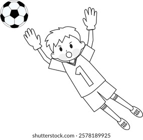 A boy playing soccer. Goalkeeper. Jumping. Line drawing. Vector illustration