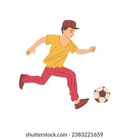 Boy playing soccer, kicking the ball. Cartoon teenager playing football. Children healthy sport activity vector flat isolated illustration on white background