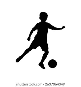 Boy Playing Soccer Kicking Ball Pose Silhouette Vector Art Illustration