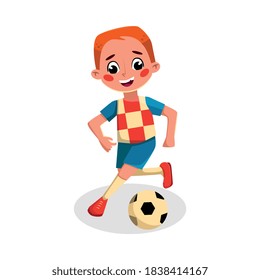 Boy Playing Soccer, Kid Practicing Sports Game, Doing Physical Exercise, Active Healthy Lifestyle Concept Cartoon Style Vector Illustration