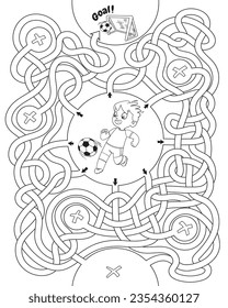 Boy is playing soccer on soccer field. Children logic game to pass the maze. Educational game for kids. Attention task. Choose right path. Funny cartoon character. Coloring book. Worksheet page