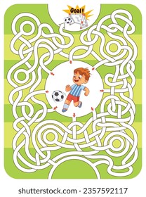 Boy is playing soccer on soccer field. Help him find right path in maze. Children logic game to pass the maze. Educational game for kids. Attention task. Choose right path. Funny cartoon character