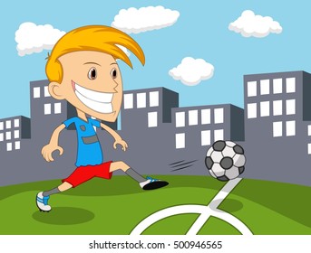 A boy playing soccer on the field cartoon vector illustration