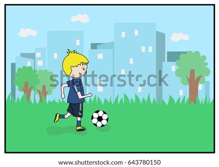 Boy playing soccer on the grass with trees and a city background
