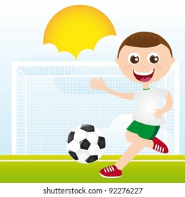boy  playing soccer over grass vector illustration