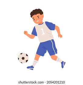 Boy playing soccer, running and kicking ball with foot. Child, football player in sportswear training. Happy kid athlete at sports game. Colored flat vector illustration isolated on white background