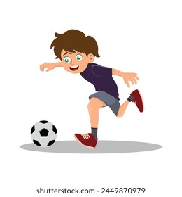 Boy playing soccer, running and kicking ball with foot. Child, football player in sportswear training. Happy kid athlete at sports game. Colored flat vector illustration isolated on white background.