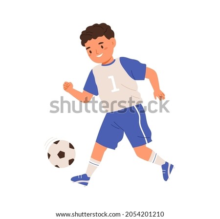 Boy playing soccer, running and kicking ball with foot. Child, football player in sportswear training. Happy kid athlete at sports game. Colored flat vector illustration isolated on white background