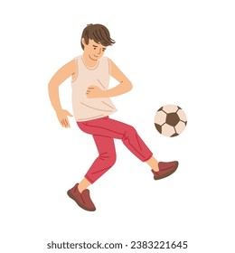 Boy playing soccer, runs to score a goal. Cartoon teenager soccer player playing football, kicking the ball. Children healthy sport activity vector flat isolated illustration on white