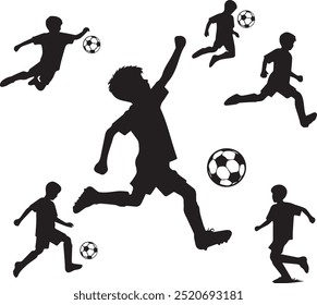 garoto jogando futebol silhuetas vetor