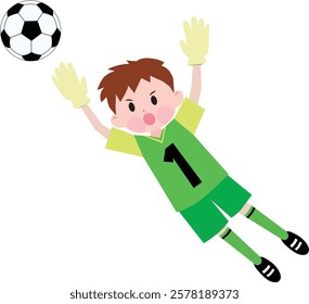 A boy playing soccer wearing green jerseys. Goalkeeper. Jumping. Vector illustration