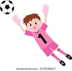 A boy playing soccer wearing pink jersey. Goalkeeper. Jumping. Vector illustration