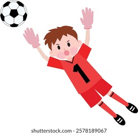 A boy playing soccer wearing red jerseys. Goalkeeper. Jumping. Vector illustration