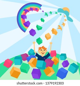 Boy, playing with soft foam cubes.