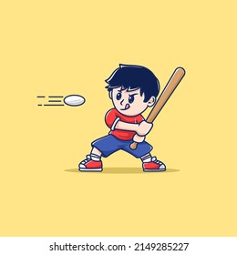 Boy Playing Softball Hitting Ball Cartoon