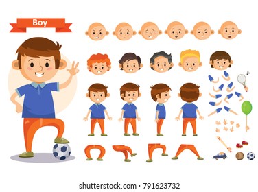 Boy Playing Sport And Toys Cartoon Character Vector Constructor Isolated Icons Of Body Parts, Hair And Emotions Or Uniform Garments And Playthings. Construction Set Of Young Boy Child Playing Soccer