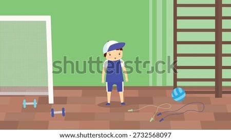 boy playing sports in the gym. Vector illustration in flat style.