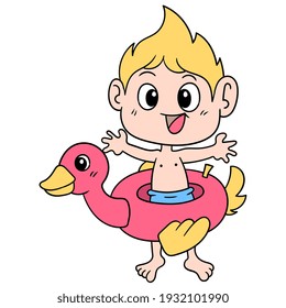 un niño está jugando a nadar usando un neumático, ilustración vectorial art. doodle imagen kawaii.