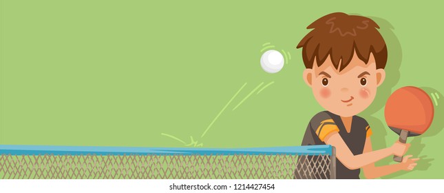 Boy playing Table Tennis. White ball that bounced on the green background. Billboard or branner design. Gaps fill your data to fill. Concept illustrations for web pages, schools,Special sports classes