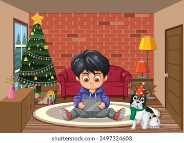 Boy playing with tablet near Christmas tree