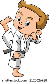 The boy is playing the taekwondo and swinging the foot of illustration