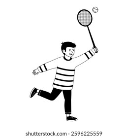 Boy playing tennis with a racket in a dynamic action pose in a black and white illustration