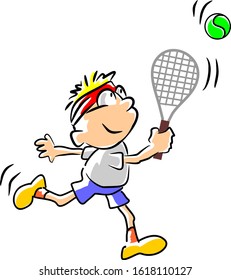 Boy playing tennis with the racket in his hand while running to hit the ball. Conceptual image about tennis as a children's sport. Vector illustration in cartoon style, available in EPS 10.