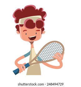 Boy playing tennis with racket vector illustration cartoon character