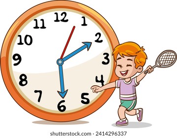 niño jugando al tenis.rutina diaria con relojes simples.Vector con niño. Caricatura divertida. Ilustración del vector