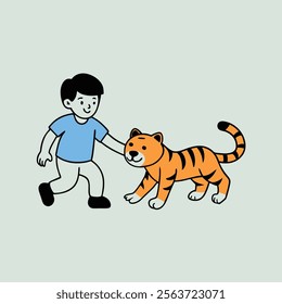 the boy is playing with the tiger (1)
