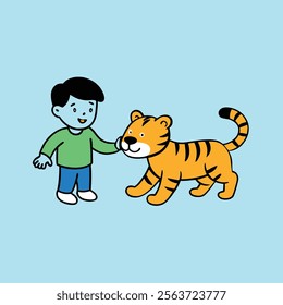 the boy is playing with the tiger (2)