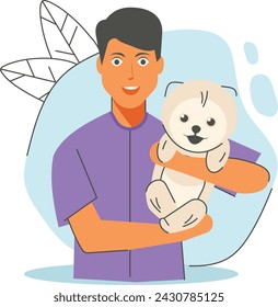 Boy Playing with Tomcat concept, Person holding little kittens vector design, Pet Care or Sitting Symbol, boarding and training of animals Sign, mammals and human friendship stock illustration