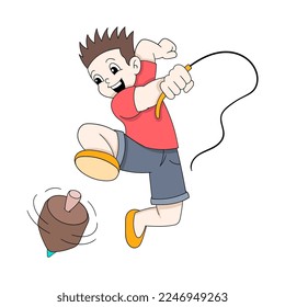 boy is playing a top spinning it. vector design illustration art