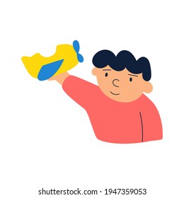 Boy playing with toy airplane. Vector illustration on white background.