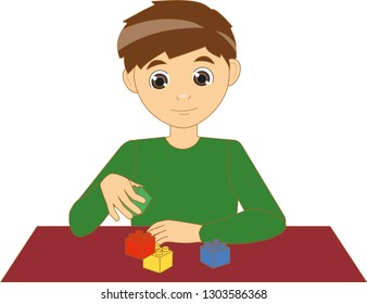 A boy playing with toy bricks (isolated, in vector)