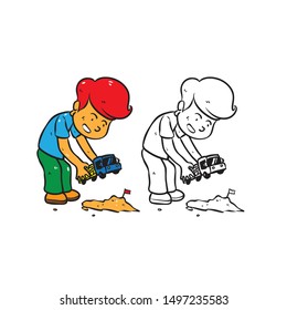 a boy playing in a toy car chartoon character vector illustration