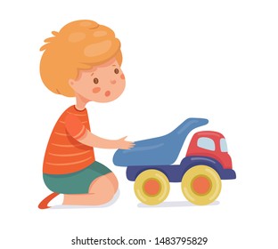 Boy playing with toy car flat vector illustration. Child with plastic cargo truck cartoon character. Primary school, elementary grade, kindergarten pupil. Happy childhood activity, playtime