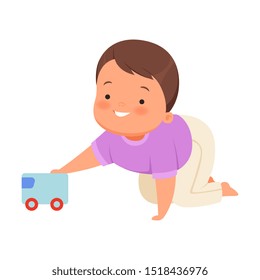 Boy is playing with a toy car. Vector illustration on a white background.