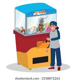 boy playing with a toy catching machine, the child tries to catch a teddy bear in the machine. vector illustration.