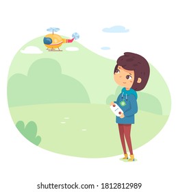 Boy playing with toy helicopter outdoors. Kid controling flying helicopter in sky. Weekend summer hobby activities vector. Smart children having fun in park or garden illustration.