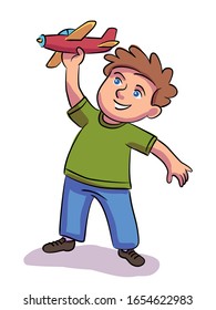 Boy playing with toy plane. Happy cute child sitting on floor in bedroom or playroom. Vector cutout illustration