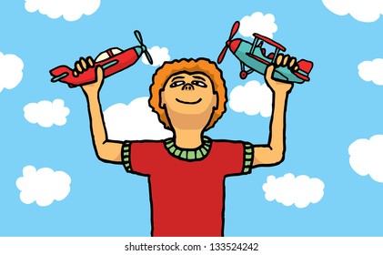 Boy playing with toy planes